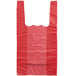A red plastic T-shirt bag with embossed stripes and no text.