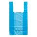 A blue plastic Choice medium-duty t-shirt bag with an embossed pattern and handles.