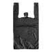 A black plastic T-shirt bag with an embossed pattern and no printing.