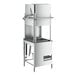 A Noble Warewashing tall door type dishwasher with a metal frame and stainless steel door open.