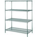 A Metroseal 3 wire shelving unit with three metal shelves.