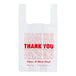 A white plastic T-shirt bag with red text that says "Thank You"