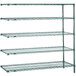 A Metro Super Erecta Metroseal 3 stationary wire shelving unit with four shelves.