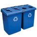 A blue Rubbermaid rectangular recycling station with a white background.