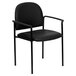 A black Flash Furniture vinyl side chair with metal arms.