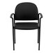 A Flash Furniture black vinyl stackable side chair with arms on a metal frame.