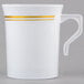 A white plastic Visions coffee mug with a handle and gold bands.