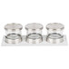 A white wooden tray with three Cal-Mil glass containers and stainless steel lids.