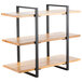 A Cal-Mil Madera rustic wood and metal three-shelf riser with black legs.
