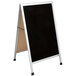 An Aarco aluminum A-frame sign board with a black marker board and white frame.