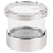 A clear container with a notched silver lid.