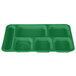 A kelly green rectangular Cambro serving tray with six compartments.