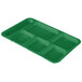 A Kelly green Cambro tray with six compartments.