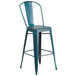 A blue metal bar stool with a vertical slat back.