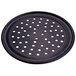 An American Metalcraft 9" black hard coat anodized aluminum pizza pan with holes.