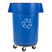 A blue Carlisle recycling trash can with dolly wheels.