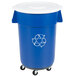 A blue Carlisle commercial trash can with a white lid and wheels.