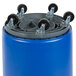 A blue Carlisle recycling drum with wheels.