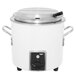 A white and silver Vollrath stock pot with a lid.