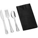 A Visions heavy weight silver plastic cutlery set with a black napkin in a black pocket.