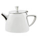 A Vollrath stainless steel teapot with a lid on a white background.