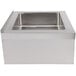 A stainless steel floor mounted mop sink with a square bottom.