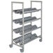 A grey metal Cambro Camshelving Premium drying rack with wheels.