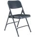 A gray metal folding chair with a black seat.
