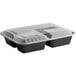 A black rectangular plastic container with three compartments and a lid.
