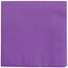 A Creative Converting amethyst purple beverage napkin with a plain edge on a white background.