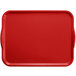 A red Cambro rectangular tray with handles and a white border.