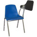 A blue chair with a light oak tablet arm on the left.