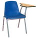 A blue chair with a light oak tablet arm attached to it.