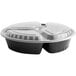 A close-up of a black Choice 33 oz. round 3-compartment microwavable container with a plastic lid.