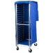 A blue Regency bun pan rack cart with a blue cover.
