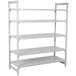 A white metal shelving unit with five vented shelves.