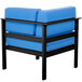 A blue BFM Seating aluminum armchair with a black frame and cushion.