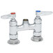 A T&S chrome pantry faucet base with two handles and two valves.