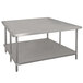 A white rectangular stainless steel work table with a stainless steel undershelf.