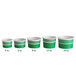 A row of green and white paper cups with measurements.