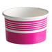 A pink and white paper cup with a pink and white striped pattern.