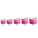 A row of pink paper Choice frozen yogurt containers with white stripes.