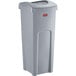 A grey Rubbermaid Untouchable trash can with a lid.