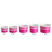 A row of pink Choice paper frozen yogurt cups with white stripes.