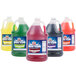 Carnival King 1 gallon cotton candy snow cone syrup in a jug with different colored liquid.