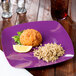 A Fineline purple plastic square plate with a crab cake and rice on it.