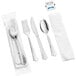 A Visions silver plastic cutlery set with napkin and salt and pepper packets.