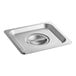A stainless steel Choice 1/6 size steam table pan cover on a stainless steel pan.