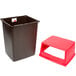 A black Rubbermaid rectangular trash can with a red lid.