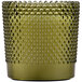 A green glass Sterno flameless candle with hobnail dots and bubbles on it.